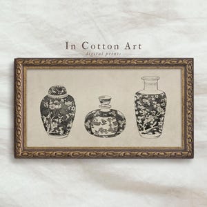 Lámina de arte de cocina larga y estrecha / Dibujo panorámico de jarrón antiguo IMPRIMIBLE / Bodegón de jarrones neutros / D55