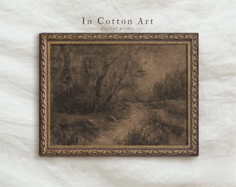 Vintage Landscape Charcoal Drawing Print, Dark Forest Wall Art, Moody Nature Decor, Antique Sketch Artwork In Cotton Art | P294
