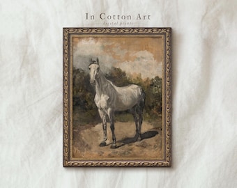 Vintage White Horse Oil Painting PRINTABLE / Farmhouse Digital Art Print / Equestrian Wall Art Decor | P141