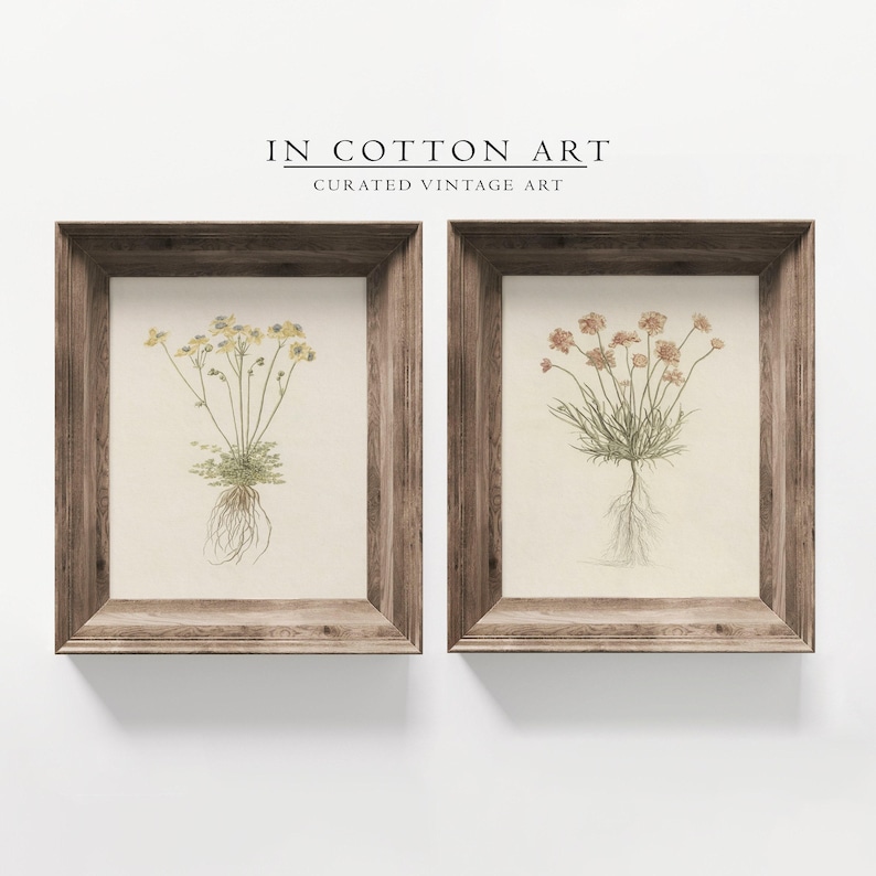 Muted Tone Botanical Wall Art Set of 2 / Red and Yellow Flowers / Vintage Floral Prints / Minimalist Flower Drawings PRINTABLE | P206 image 4