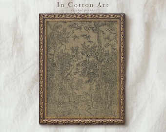 Ink sketch vintage wall art, Antique classic sketch, Farmhouse moody wall art, Vintage textile wall art print, Woodland landscape drawing