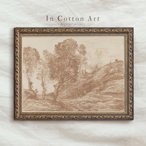 Antique Landscape Sketch / Neutral Vintage Digital Art PRINTABLE / Etching Print Digital Download