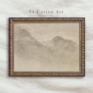Minimalist Neutral Drawing PRINTABLE / Soft Beige Mountain Landscape Art Print / Vintage Rustic Sketch Print Digital Downloadable | D68