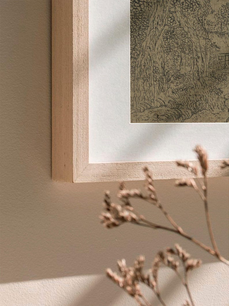 Ink sketch vintage wall art, Antique classic sketch, Farmhouse moody wall art, Vintage textile wall art print, Woodland landscape drawing image 7