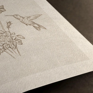 Puede incluir: Ilustraci&oacute;n detallada en sepia de un colibr&iacute; en vuelo, con flores y follaje, impresa en papel texturizado blanquecino. Se aprecia la esquina del papel, con un borde limpio y n&iacute;tido.