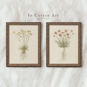 Muted Tone Botanical Wall Art Set of 2 / Red and Yellow Flowers / Vintage Floral Prints / Minimalist Flower Drawings PRINTABLE | P206