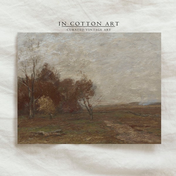 Autumn Meadow Digital Print / Painting in Muted Green Brown Tones / Vintage Fall Landscape Wall Art / Rustic Country Farmhouse Print | P195