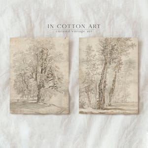 Conjunto de dos dibujos vintage neutros / Impresión de arte campestre con boceto de árbol para imprimir / Conjunto de arte otoñal Descarga digital / D82