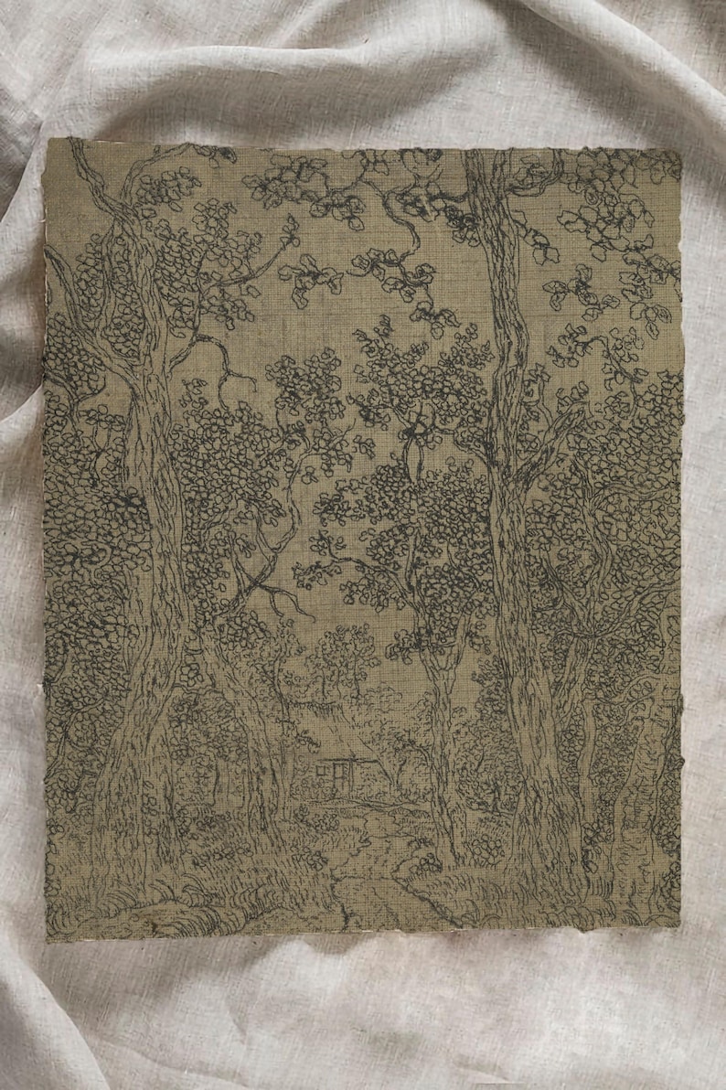 Ink sketch vintage wall art, Antique classic sketch, Farmhouse moody wall art, Vintage textile wall art print, Woodland landscape drawing image 3