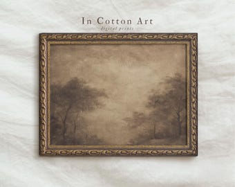 Misty Moody Forest Digitaldruck, Vintage neutrale Landschaft Wandkunst, neblige Waldszene, rustikale Natur Poster minimalistisches Dekor | P309