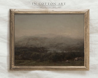 Moody Vintage Landscape Oil Painting / Dark Green  Scenery Art PRINTABLE / Antique Farmhouse Decor | P128