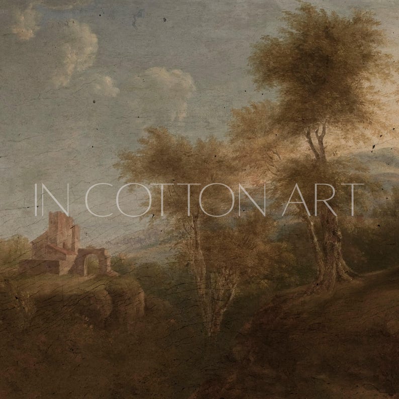 Vintage boomlandschapsschilderkunst / rustieke herfstkunstwerken / antiek huisdecor AFDRUKBAAR / warm getinte noodlijdende schilderij | P193 afbeelding 9