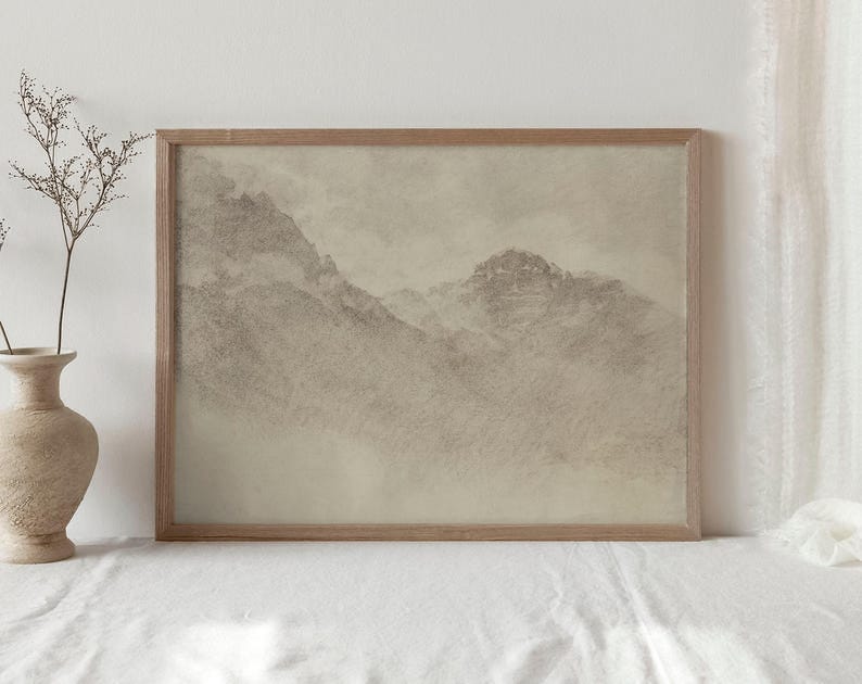 Minimalist Neutral Drawing PRINTABLE / Soft Beige Mountain Landscape Art Print / Vintage Rustic Sketch Print Digital Downloadable | D68 image 7