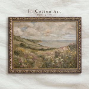 Arte digital de paisaje costero, arte de acantilado junto al mar, arte mural de pradera de flores silvestres, impresión de playa en tonos pastel suaves, decoración de naturaleza serena / P289