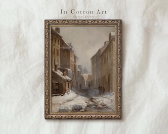 Winter Village Street Scene Digital Art Print / Snowy Cityscape Christmas Wall Decor PRINTABLE / Cozy Seasonal Artwork | P272