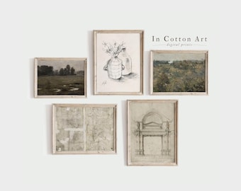 Vintage Living Room Decor, Rustic Neutral Gallery Wall Art SET of 5, Dining Room PRINTABLE Art Collection Bundle Digital | S7