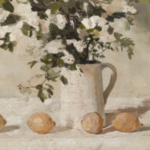 Neutral Still Life Oil Painting / White Flower Vase Art Print / Vintage Farmhouse Kitchen Art PRINTABLE P147 image 9
