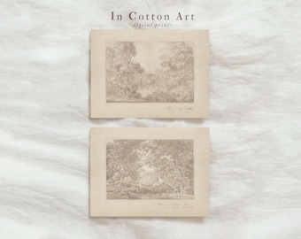 Vintage Neutral Landscape Sketch SET of Two / Antique Forest Drawing PRINTABLE / Beige Gallery Art Print Digital Download | D74