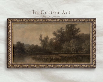 Vintage Dark Panoramic Oil Painting PRINTABLE / Narrow Country Scenery Art Print / Antique Above Bed Wall Art | P162