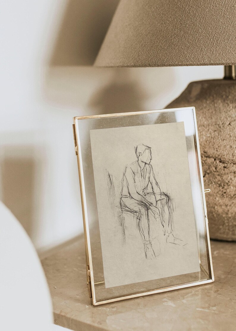 Minimalist Figure Sketch / Vintage Line Drawing PRINTABLE / Male Figure Study Art Print / Neutral Antique Wall Art Digital | D70 image 6