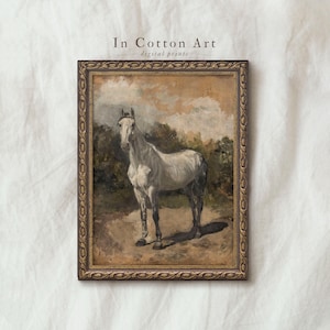 Vintage White Horse Oil Painting PRINTABLE / Farmhouse Digital Art Print / Equestrian Wall Art Decor | P141