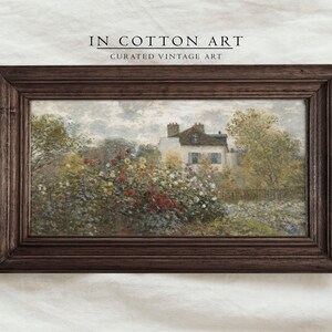 Panoramic Rustic Farmhouse Art Print / Floral Spring Wall Art / Vintage English Cottage Painting Above Bed / Narrow Oil Painting | D176 image 3