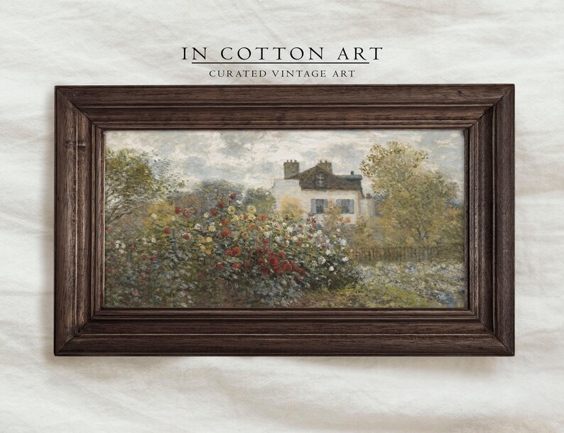 Panoramic Rustic Farmhouse Art Print / Floral Spring Wall Art / Vintage English Cottage Painting Above Bed / Narrow Oil Painting | D176 image 3
