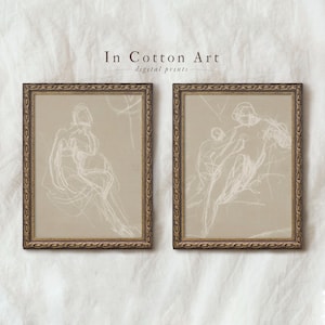 Conjunto de dos dibujos abstractos neutros / Impresión artística de bocetos de figuras minimalistas vintage / Decoración de pared moderna IMPRIMIBLE / D66