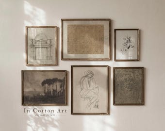 May include: A gallery wall set of six framed art prints in various sizes featuring architectural sketches, a floral study, a landscape with trees, a figure drawing, and a textured pattern, all displayed in thin brown frames with the text In Cotton Art.