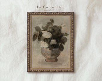 Pintura de bodegón con rosas neutras / Impresión floral vintage / Arte botánico antiguo IMPRIMIBLE / P70