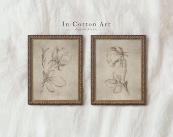 Set di 2 stampe botaniche vintage, schizzo di fiori antichi, schizzo botanico neutro, stampa di schizzo di rose, set di 2 disegni di rose, schizzo artistico