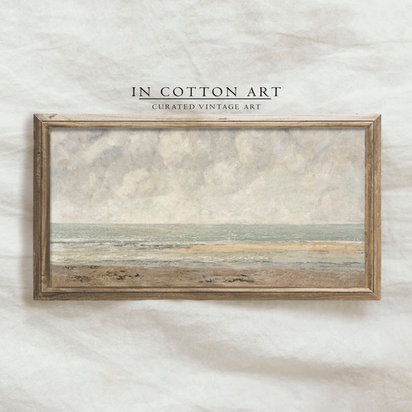 Vintage Narrow Panoramic Coastal Art Above Bed / Neutral Beach House Wall Art / Muted Pastel Sea Print / Calming Soft Painting | P177