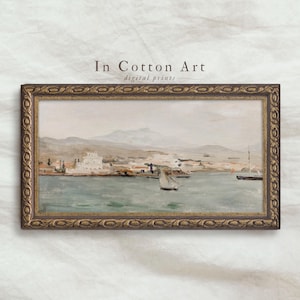 Muted Above Bed Wall Art PRINTABLE / Long Seascape Oil Painting / Panoramic Neutral Art Print Digital | P151