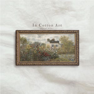 The image is a framed painting depicting a rural landscape with a house surrounded by trees and bushes.