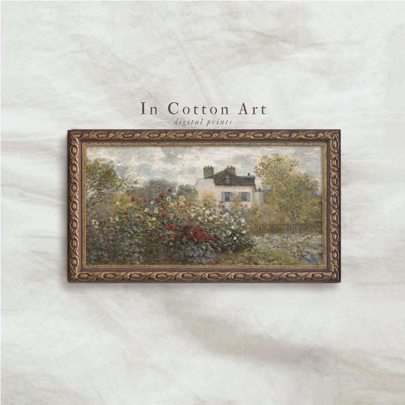 The image is a framed painting depicting a rural landscape with a house surrounded by trees and bushes.
