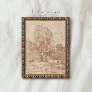 Antique Farmhouse Sketch Art Print / Neutral Landscape Etching / Vintage PRINTABLE Digital Art
