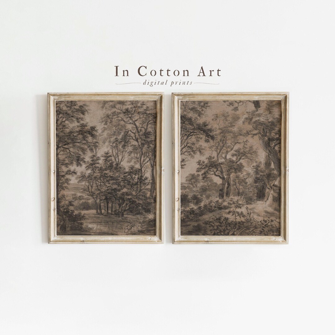 Vintage Moody Woodland Landscape SET OF 2 / Rustic Dark Art Print ...