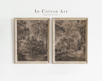 Vintage Moody Woodland Landscape SET OF 2 / Rustic Dark Art Print Download / Antique Farmhouse Painting PRINTABLE | P149