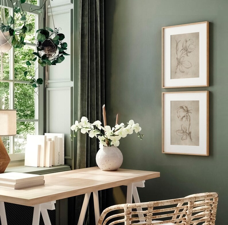 Set di 2 stampe botaniche vintage, schizzo di fiori antichi, schizzo botanico neutro, stampa di schizzo di rose, set di 2 disegni di rose, schizzo artistico immagine 6
