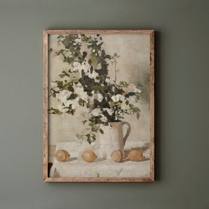 Neutral Still Life Oil Painting / White Flower Vase Art Print / Vintage Farmhouse Kitchen Art PRINTABLE P147 image 3