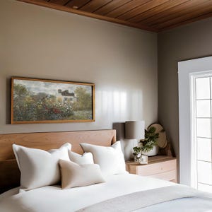 Panoramic Rustic Farmhouse Art Print / Floral Spring Wall Art / Vintage English Cottage Painting Above Bed / Narrow Oil Painting | D176 image 7