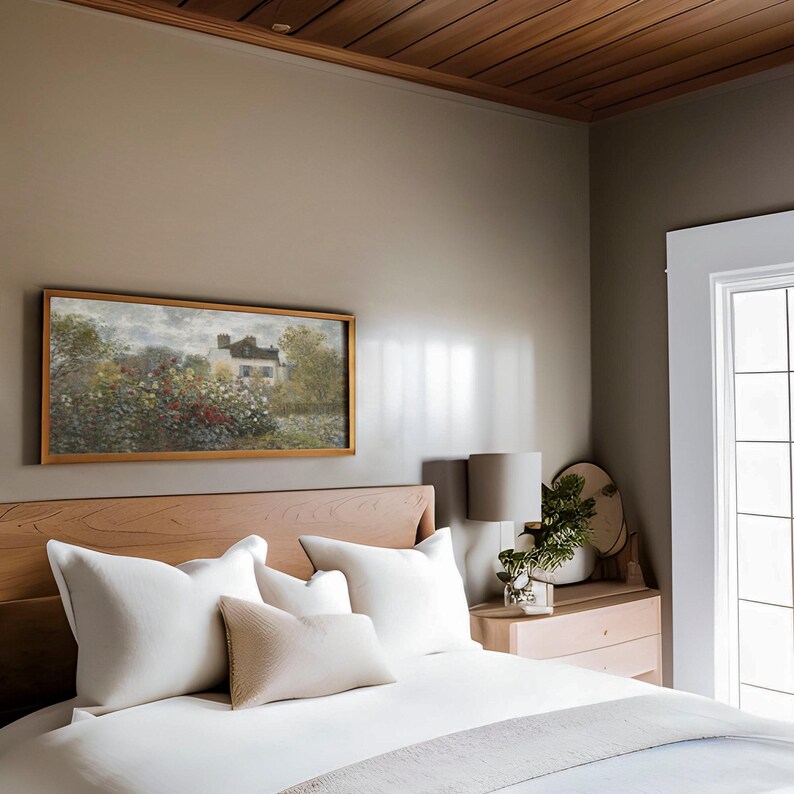 Panoramic Rustic Farmhouse Art Print / Floral Spring Wall Art / Vintage English Cottage Painting Above Bed / Narrow Oil Painting | D176 image 7