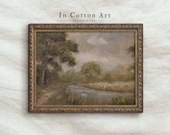 Neutral Moody French Country Landscape Print | Antique Oil Painting | Rustic Heritage Decor | P363