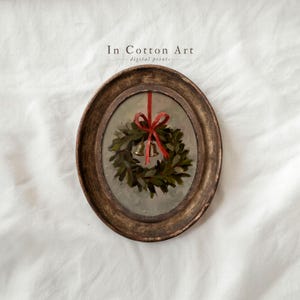 Elegant Christmas Wreath PRINTABLE Wall Art with Red Ribbon and Bells, Festive Holiday Home Decor, Vintage Winter Botanical Painting |P322