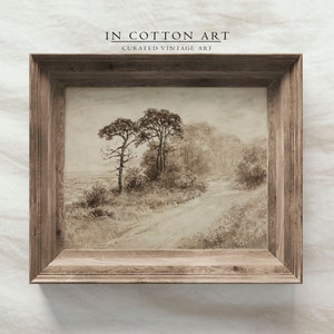 PRINTABLE Moody Country Landscape Painting / Neutral Rustic Tree Sketch Print / Country Road Wall Decor Digital | D67