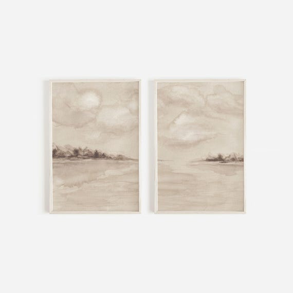 Set of 2 warm neutral prints, Bedroom wall decor over the bed, Beige and brown abstract landscape, Beige wall art set of 2, Neutral prints