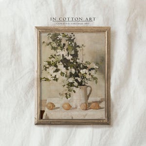 Pintura al óleo de naturaleza muerta neutra / Impresión artística de jarrón de flores blancas / Arte de cocina de granja vintage IMPRIMIBLE / P147