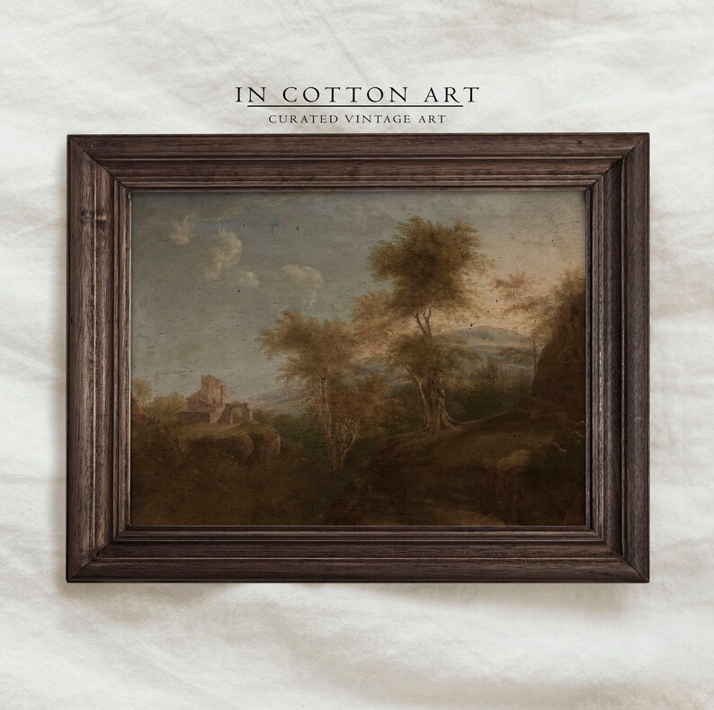 Vintage boomlandschapsschilderkunst / rustieke herfstkunstwerken / antiek huisdecor AFDRUKBAAR / warm getinte noodlijdende schilderij | P193 afbeelding 4