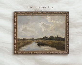 Arte de parede de paisagem vintage para impressão, cena de rio rústica digital, arte de natureza impressionista, decoração neutra para casa | P278