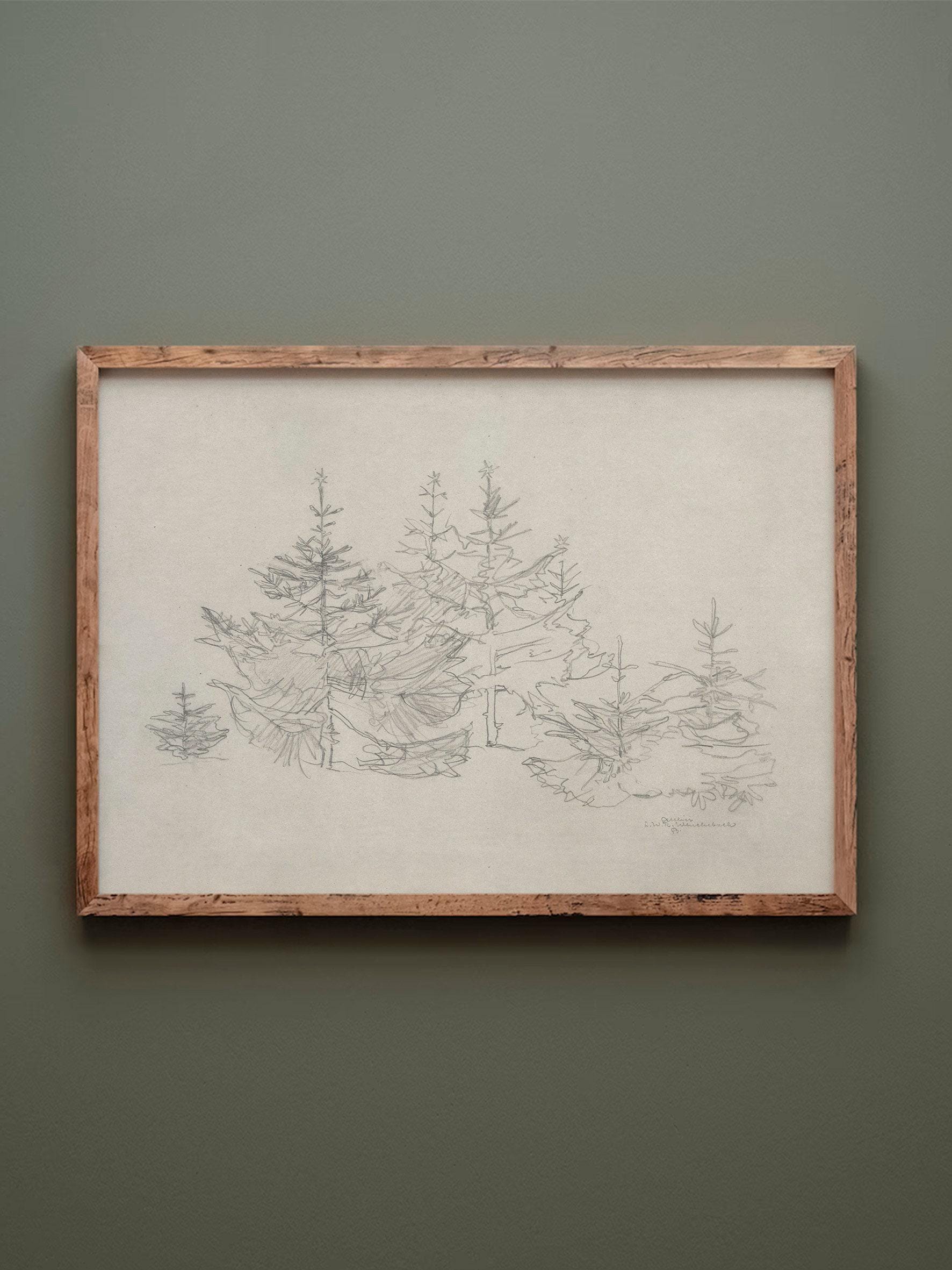 Rustic Winter Landscape PRINTABLE Art / Pine Forest Sketch / Neutral ...